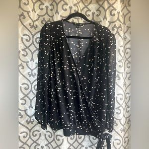 INC Long Sleeve Faux Wrap Crossover Tie Blouse